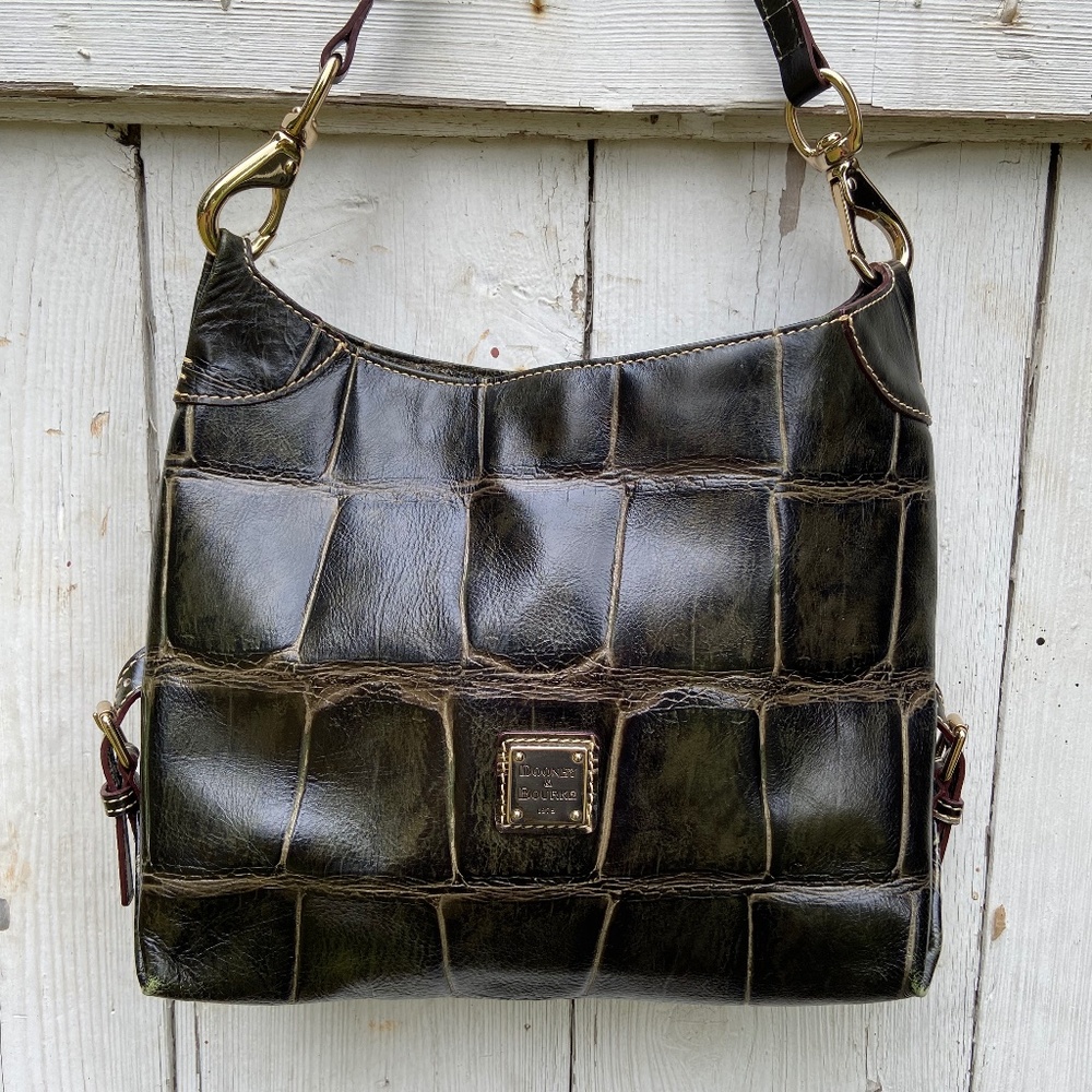 Dooney & Bourke Green Croco Embossed Leather Bag with Adjustable Shoulder Strap